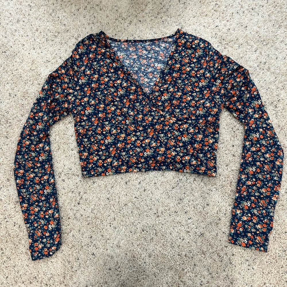 Navy Blue and Orange Floral Patterned Wrap Front Crop Top size L